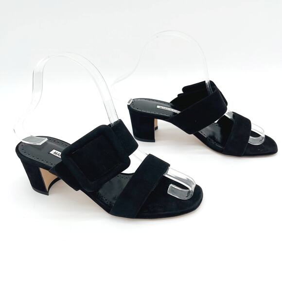 Manolo Blahnik Titubanew Black Suede Open Toe Buckle Mule Sandals Heels IT 36.5 - Picture 2 of 11